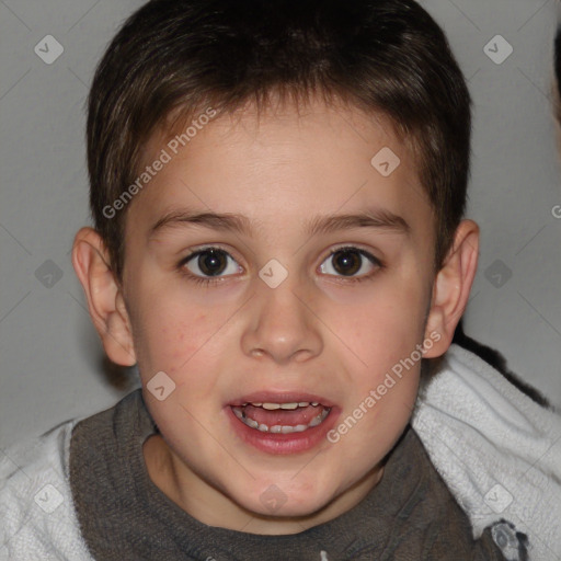 Joyful white child male with short  brown hair and brown eyes