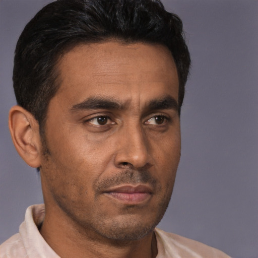 Neutral latino adult male with short  brown hair and brown eyes