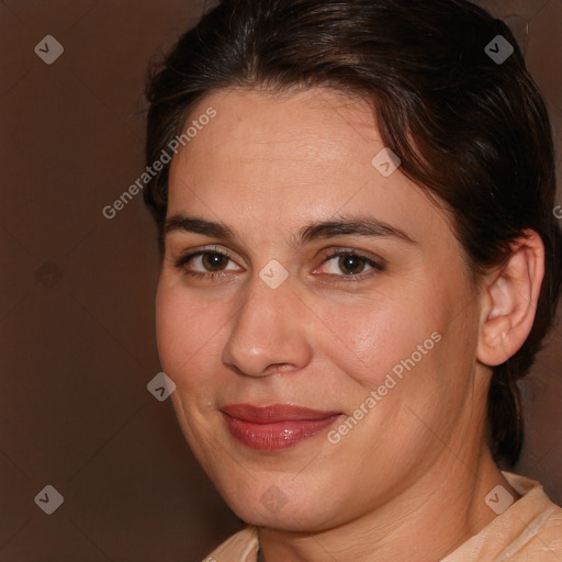 Joyful white adult female with medium  brown hair and brown eyes