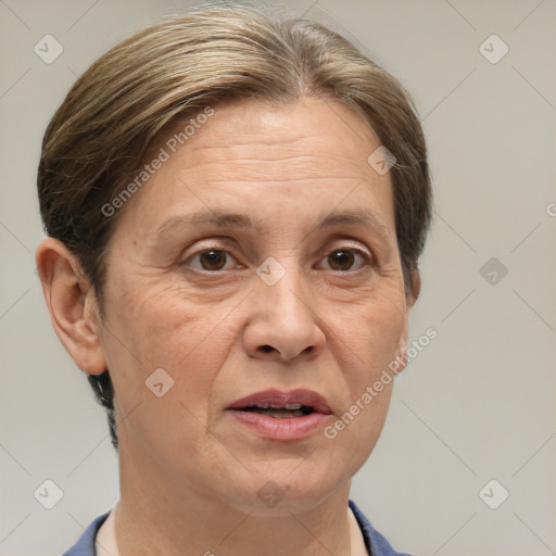 Joyful white middle-aged female with short  brown hair and brown eyes