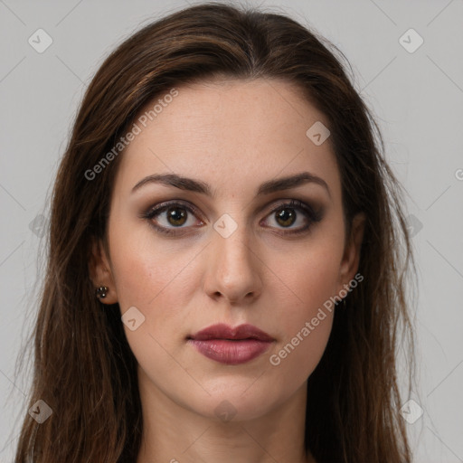 Neutral white young-adult female with long  brown hair and brown eyes