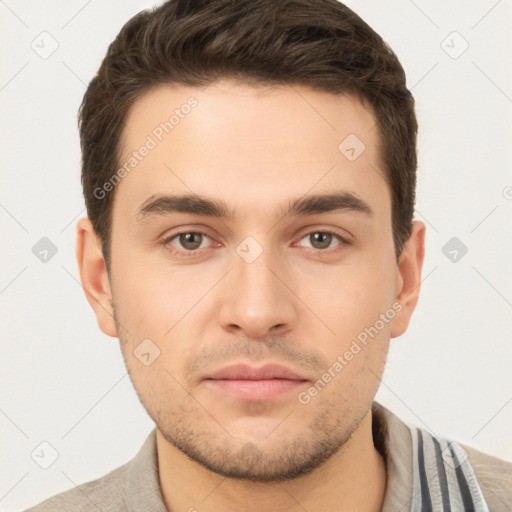 Neutral white young-adult male with short  brown hair and brown eyes