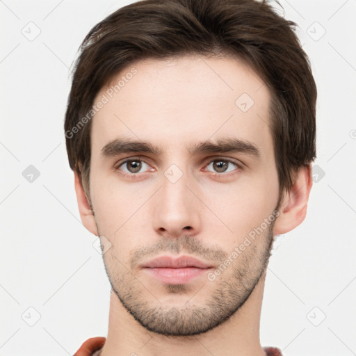 Neutral white young-adult male with short  brown hair and brown eyes