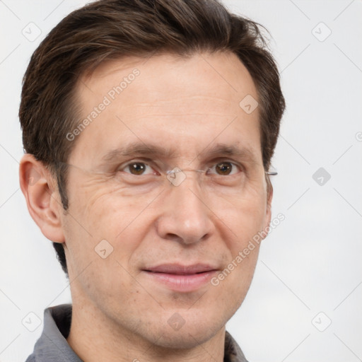 Joyful white adult male with short  brown hair and grey eyes