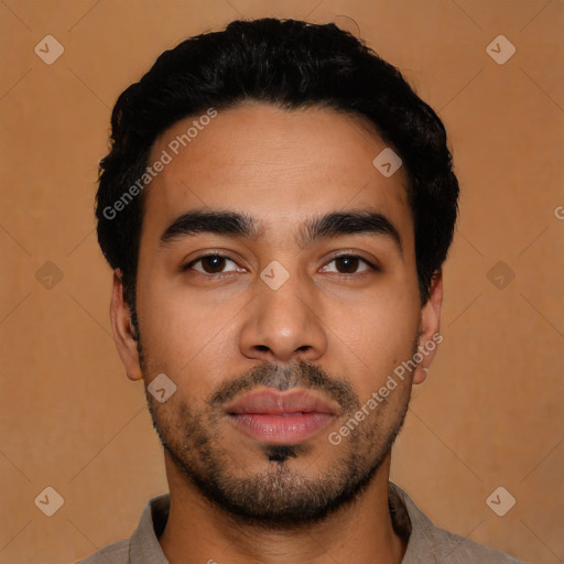 Neutral latino young-adult male with short  black hair and brown eyes