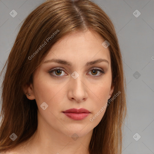 Neutral white young-adult female with long  brown hair and brown eyes