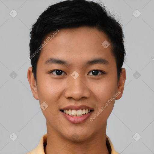 Joyful asian young-adult male with short  black hair and brown eyes