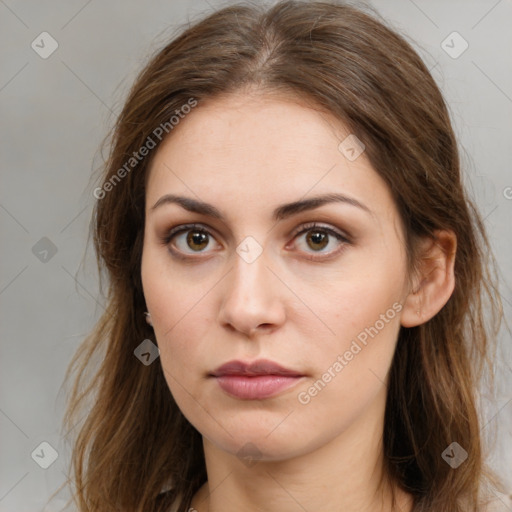 Neutral white young-adult female with long  brown hair and brown eyes