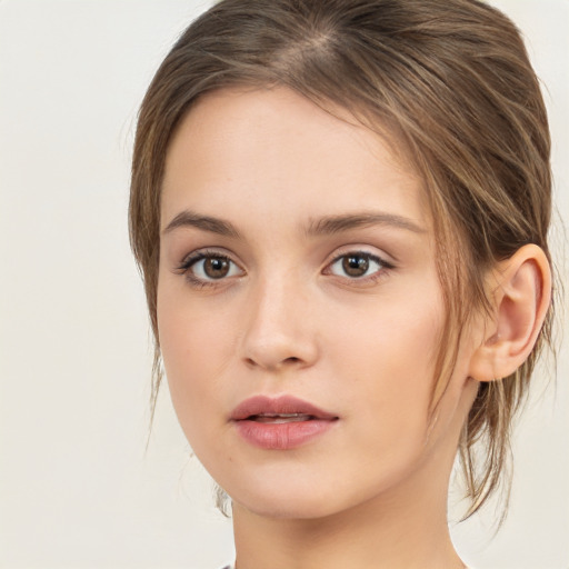 Neutral white young-adult female with medium  brown hair and brown eyes