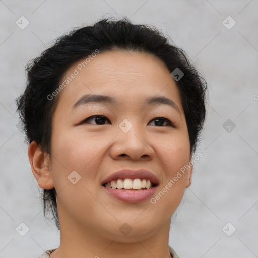 Joyful asian young-adult female with short  brown hair and brown eyes