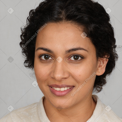 Joyful latino young-adult female with medium  brown hair and brown eyes