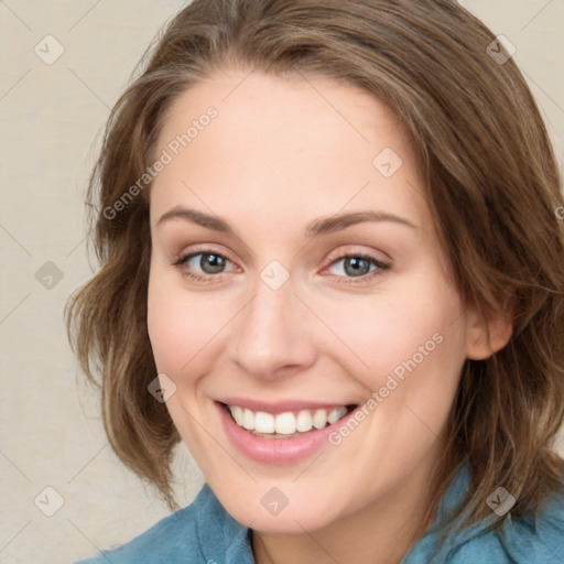 Joyful white young-adult female with medium  brown hair and blue eyes