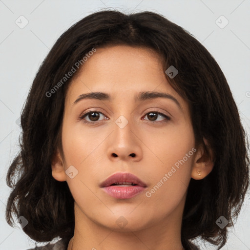 Neutral asian young-adult female with medium  brown hair and brown eyes