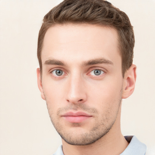 Neutral white young-adult male with short  brown hair and grey eyes