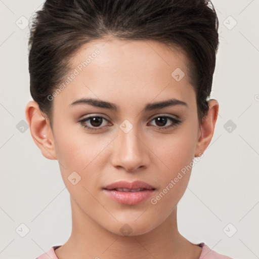 Joyful white young-adult female with short  brown hair and brown eyes