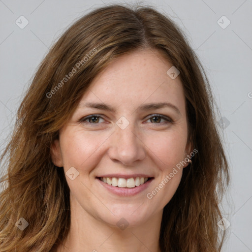 Joyful white young-adult female with long  brown hair and brown eyes