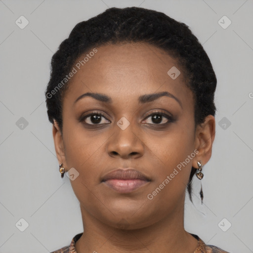 Neutral black young-adult female with short  black hair and brown eyes