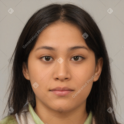 Neutral asian young-adult female with long  brown hair and brown eyes