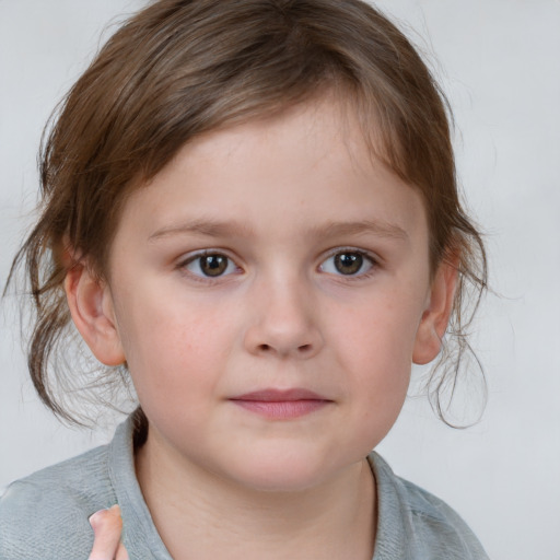 Neutral white child female with medium  brown hair and grey eyes