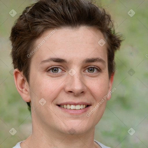 Joyful white adult female with short  brown hair and brown eyes