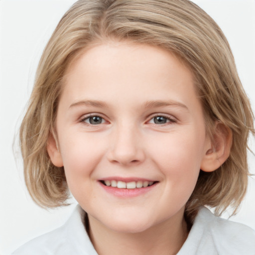 Joyful white child female with medium  brown hair and grey eyes