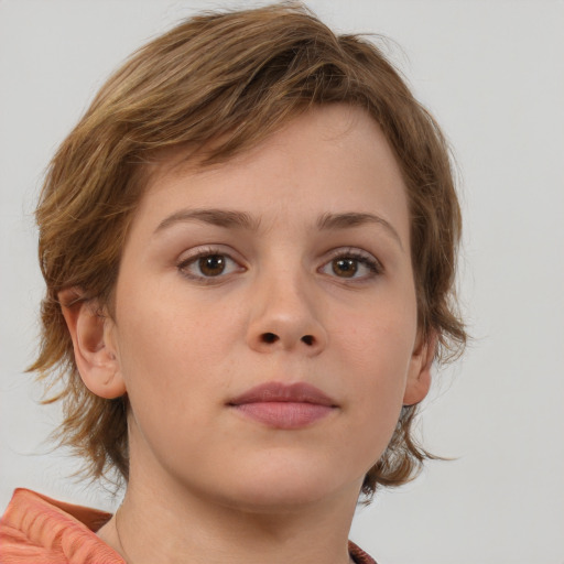 Neutral white young-adult female with medium  brown hair and brown eyes