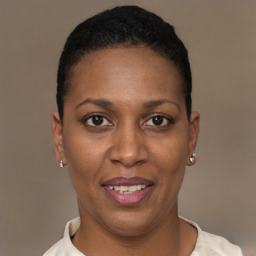 Joyful black young-adult female with short  black hair and brown eyes