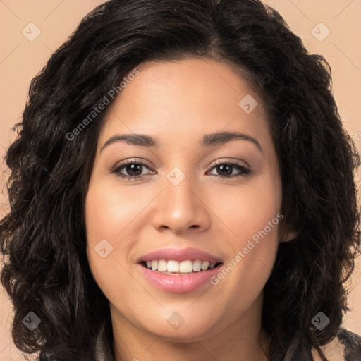 Joyful white young-adult female with long  black hair and brown eyes