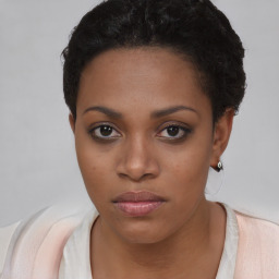 Neutral black young-adult female with short  black hair and brown eyes