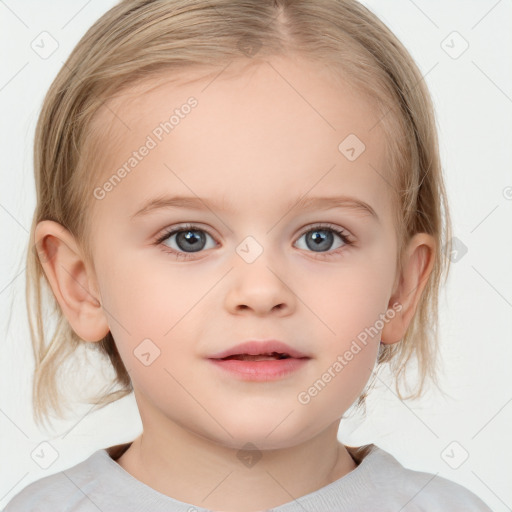 Neutral white child female with medium  brown hair and blue eyes