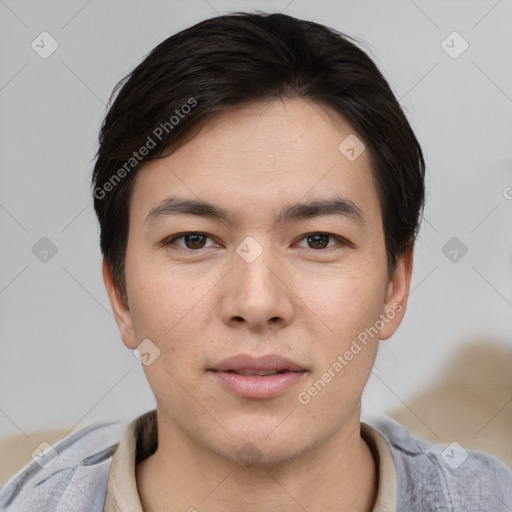 Neutral asian young-adult male with short  brown hair and brown eyes