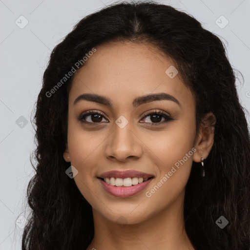 Joyful latino young-adult female with long  brown hair and brown eyes