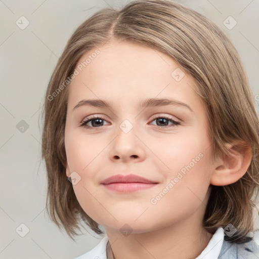 Joyful white child female with medium  brown hair and brown eyes