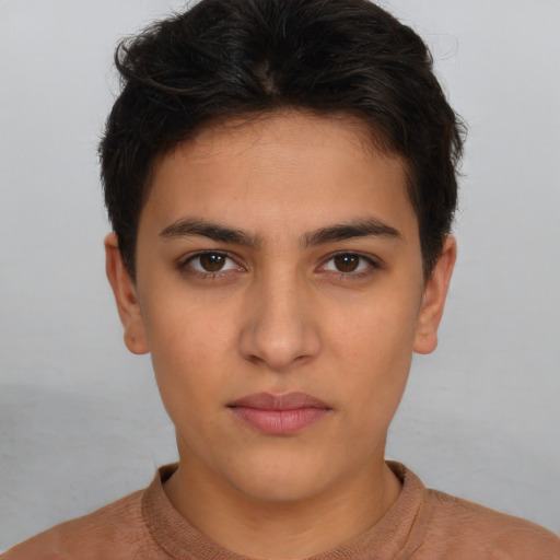 Neutral white young-adult female with short  brown hair and brown eyes