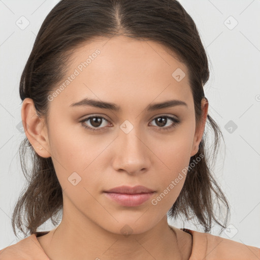 Neutral white young-adult female with medium  brown hair and brown eyes