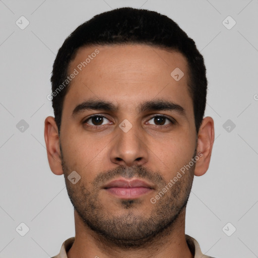 Neutral latino young-adult male with short  brown hair and brown eyes