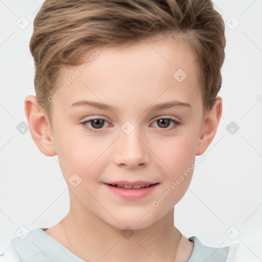 Joyful white child female with short  brown hair and brown eyes