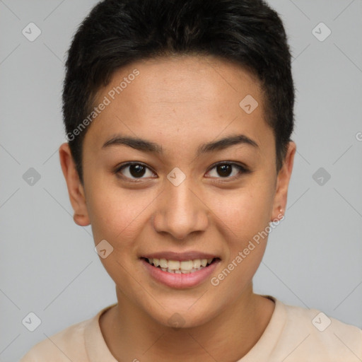 Joyful latino young-adult female with short  brown hair and brown eyes