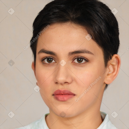 Neutral white young-adult female with short  brown hair and brown eyes