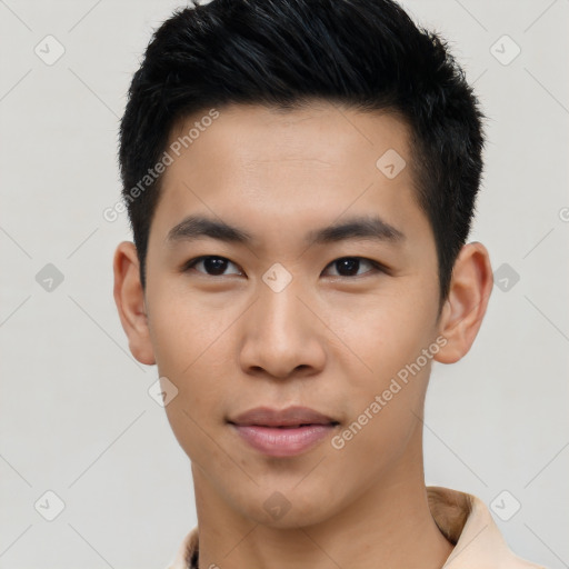 Neutral asian young-adult male with short  black hair and brown eyes