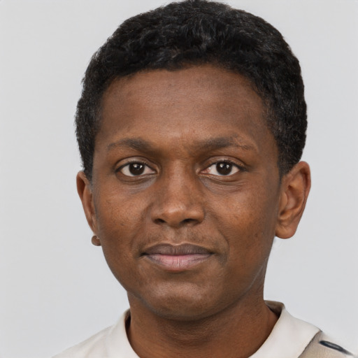 Neutral black adult male with short  black hair and brown eyes