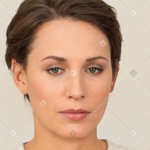 Neutral white young-adult female with short  brown hair and brown eyes