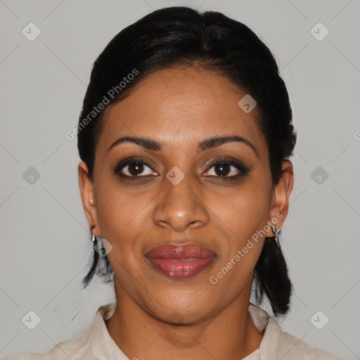 Joyful latino young-adult female with medium  black hair and brown eyes