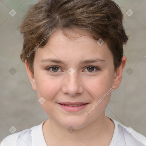 Joyful white child female with short  brown hair and brown eyes