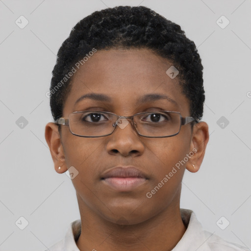 Neutral black young-adult female with short  brown hair and brown eyes