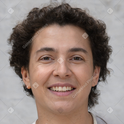 Joyful white adult female with short  brown hair and brown eyes