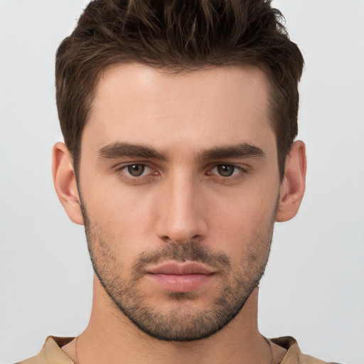 Neutral white young-adult male with short  brown hair and brown eyes