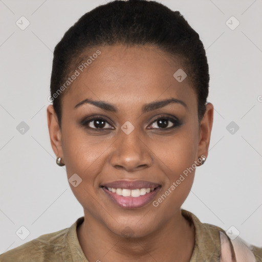 Joyful black young-adult female with short  brown hair and brown eyes