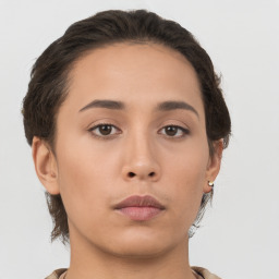 Neutral asian young-adult female with medium  brown hair and brown eyes