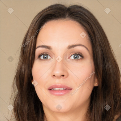 Neutral white adult female with long  brown hair and brown eyes